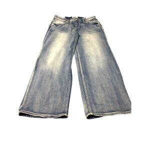 Disclosure Tattoo Wide Leg Jeans Embroidered Back Pockets‎ Blue Denim Size 7/28